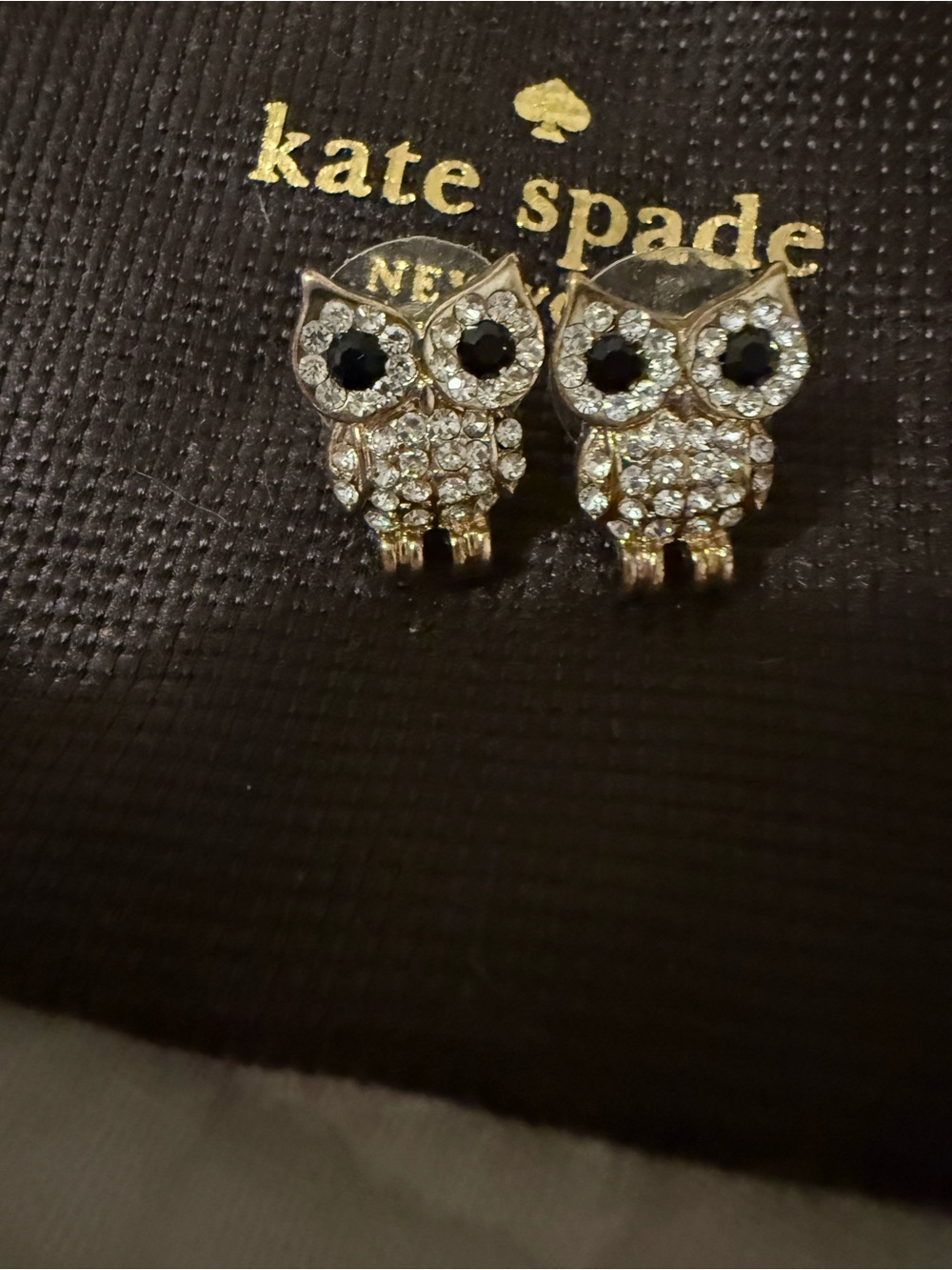 Kate Spade Gold Owl Stud Earrings with Clear Crystals